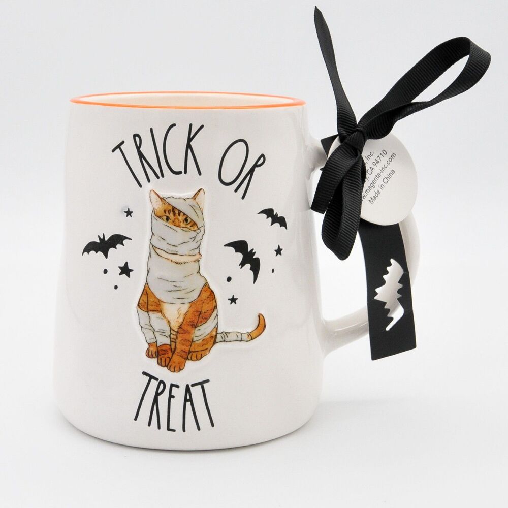 Rae Dunn Halloween Trick or Treat Mug, Cat Mummy, Bats, 16oz Ceramic, New